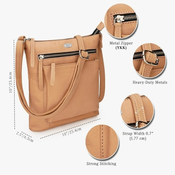 Luxeoria Pebble Grain Leather Crossbody Bag Light Peach Tan Beige Classic Medium - Picture 15 of 16